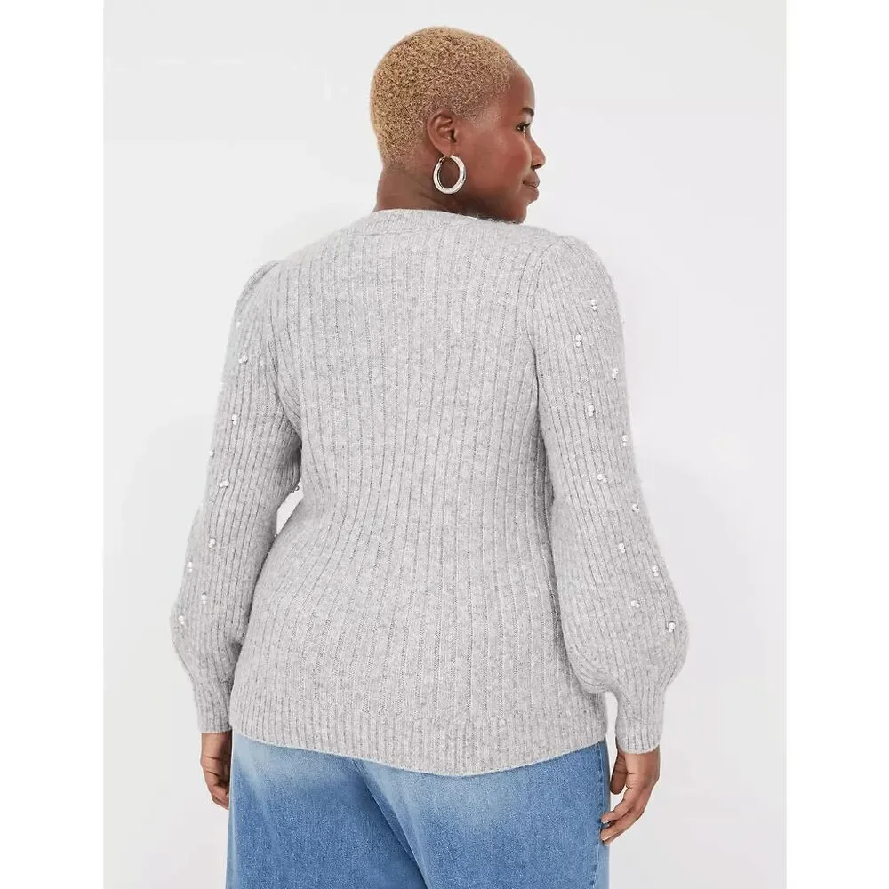 Lane Bryant Light Gray Ribbed Pearl Embellished-Sleeve Sweater 26/28 4X NWT
